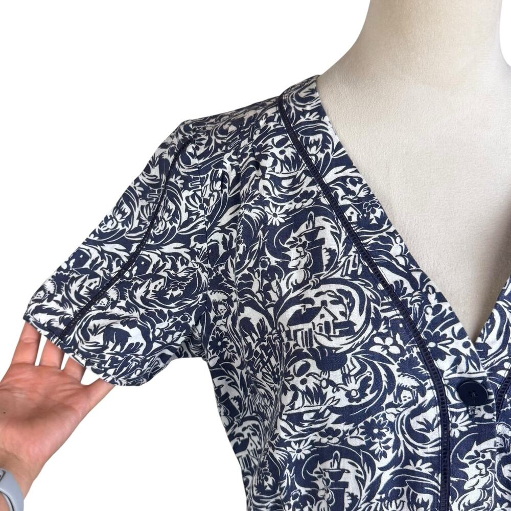 Brora 100% Linen Indigo Blue Vintage Pattern Short Sleeve Button Up V-Neck Top - Picture 7 of 12